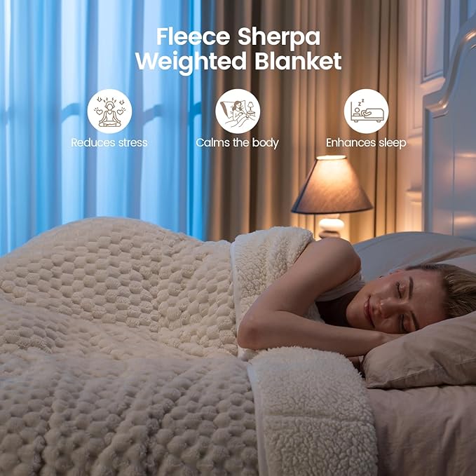 Super Fuzzy Soft Fleece Sherpa Weighted Blanket 15 lbs for Adults, 3D Imitation Turtle Shell Luxury Weighted Throw for Better Sleep, Dual Sided Cozy Blankets for Couch Bed, Cream White, 48" x 72"