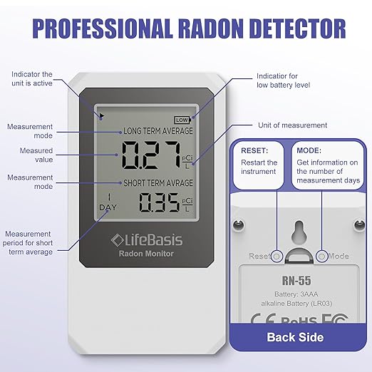 Life Basis Radon Detector for Home Basement, Radon Tester with Long and Short Term Radon Monitoring 0-500 pCi/L Range Battery Operated (Battery Included)- White