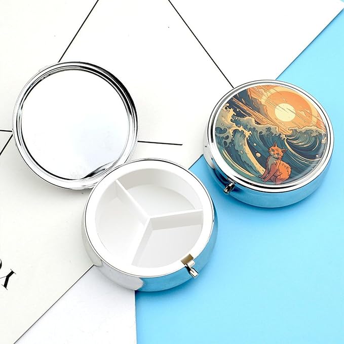 Anime Style Cat Pill Box Travel Pill Case for Purse Pocket Weekly Medicine Organizer with Mirror 3 Compartment Round Medicine Case Portable PillcaseHolder for Daily