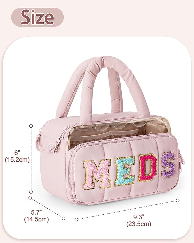 Fasrom Chenille Letter Medicine Bag, Preppy Patch Meds Bag for Travel, Pill Bottle Organizer with Puffy Handles, Portable Cosmetic Toiletry Storage Makeup Case for Women, Pink (Bag Only)