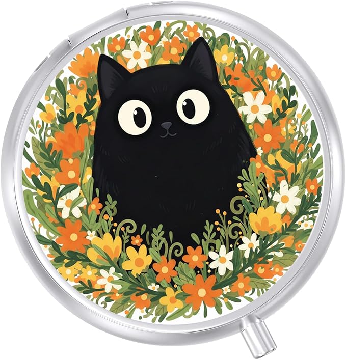 Round Pill Case Small Pill Box with Mirror Pocket 3 Compartment Vitamin Pill Medicine Case Organizer Pill Containers for Traveling Garden Funny Black Cat