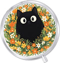 Round Pill Case Small Pill Box with Mirror Pocket 3 Compartment Vitamin Pill Medicine Case Organizer Pill Containers for Traveling Garden Funny Black Cat