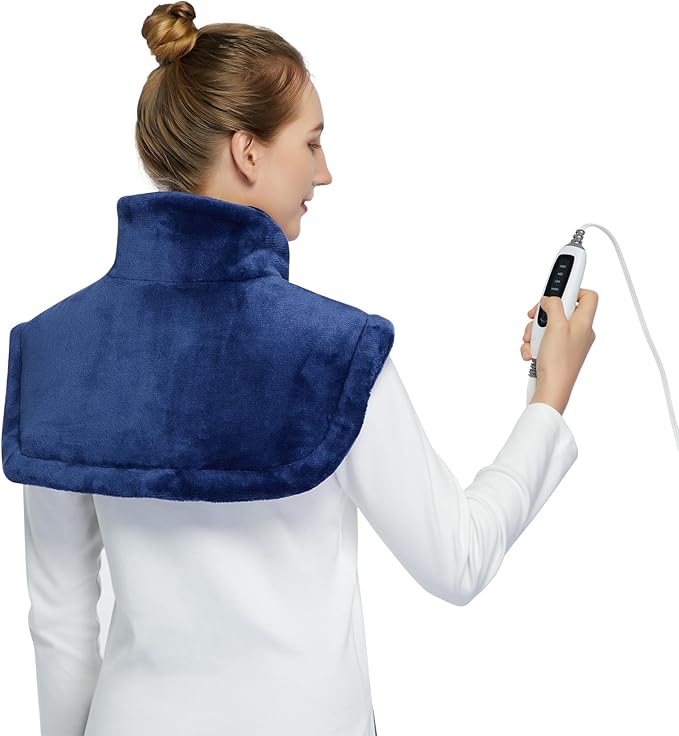 Heating Pad for Neck and Shoulders and Back, Weighted Electric Heat Pads for Pain Relief, 4 Heat Settings, Timers 2h Auto Off, Birthday Gifts for Women Men Mom Dad, Navy Blue