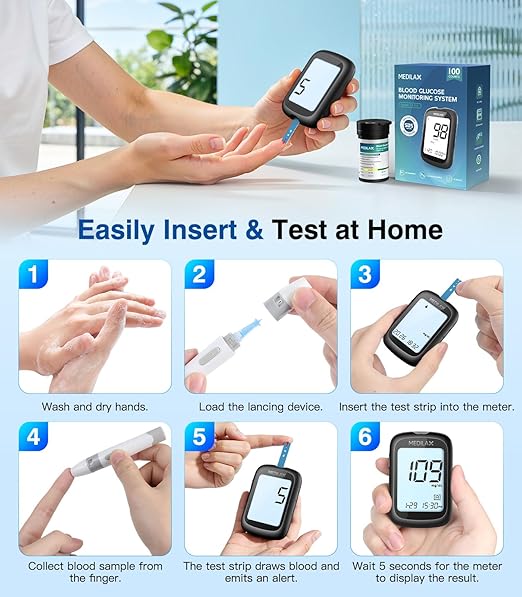 Medilax Blood Glucose Monitor Kit, Blood Sugar Testing Kit with 100 Test Strips, 100 Lancets, Glucometer and Lancing Device, 500 Memories & No Coding & Large Display Glucose Monitor for Home Use
