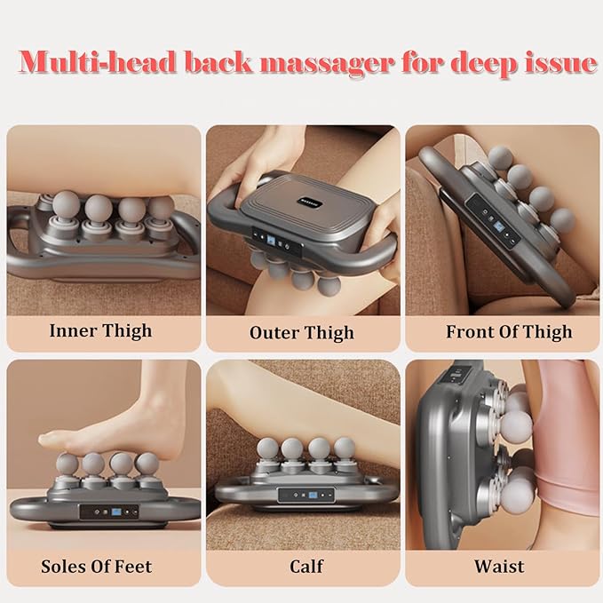 Back Massager for Relief Deep Tissue with Heat, 8 Heads Hands-Free Electric Back Massager, with 9 Modes & 9 Levels Deep Tissue Massage Gun for Pain Relief, Portable for Home & Office Use