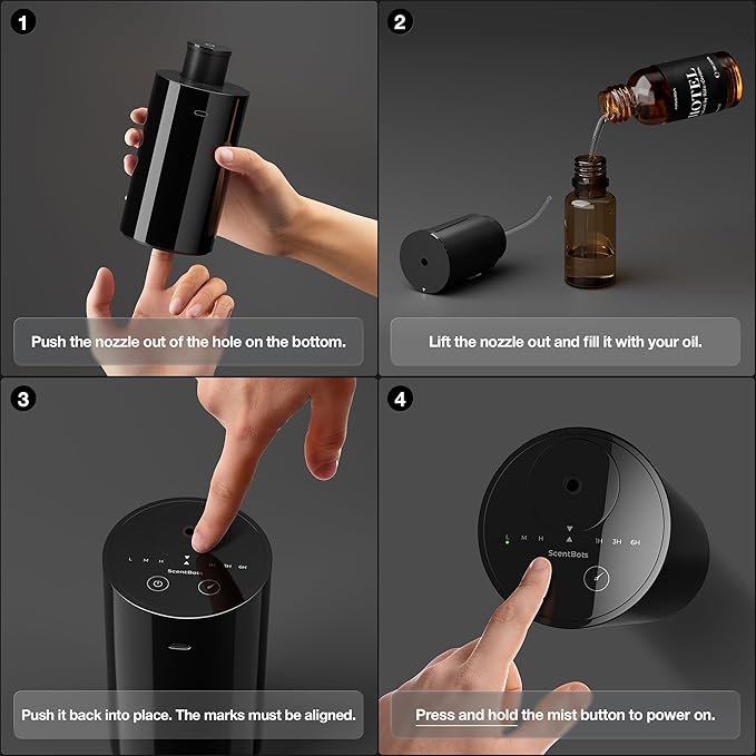 Waterless Essential Oil Diffuser Starter Kit with 4 x 10mL Hotel Scent Fragrance Oils, Battery Operated Mini Scent Air Machine Portable Diffuser for Home Car Office, ANZ Black Kit