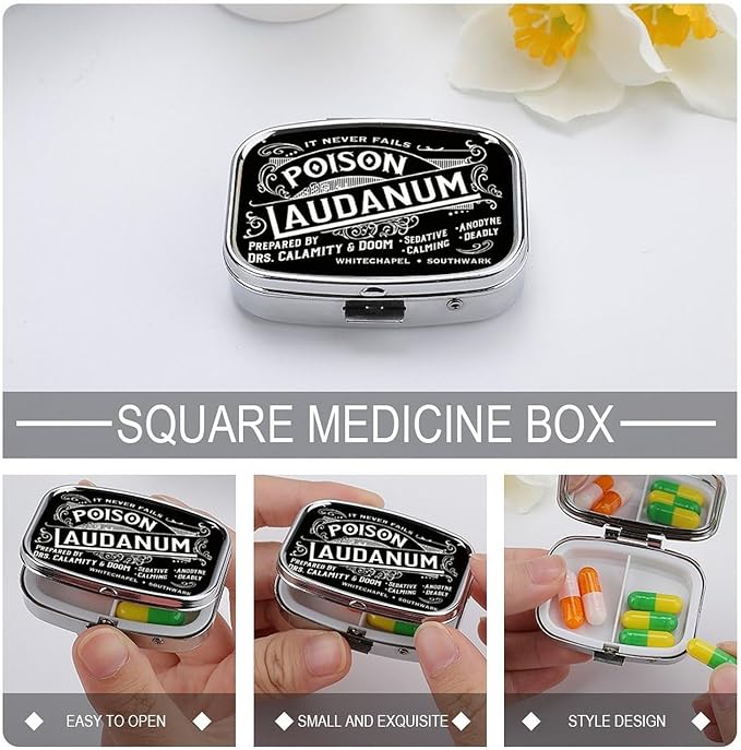 Metal 2 Compartment Pill Organizer Travel Friendly Portable Compact Pill Box Cute Pill Case,for Pocket Wallets Daily Portable Medicine Vitamin Tablet Storage (Black Background)