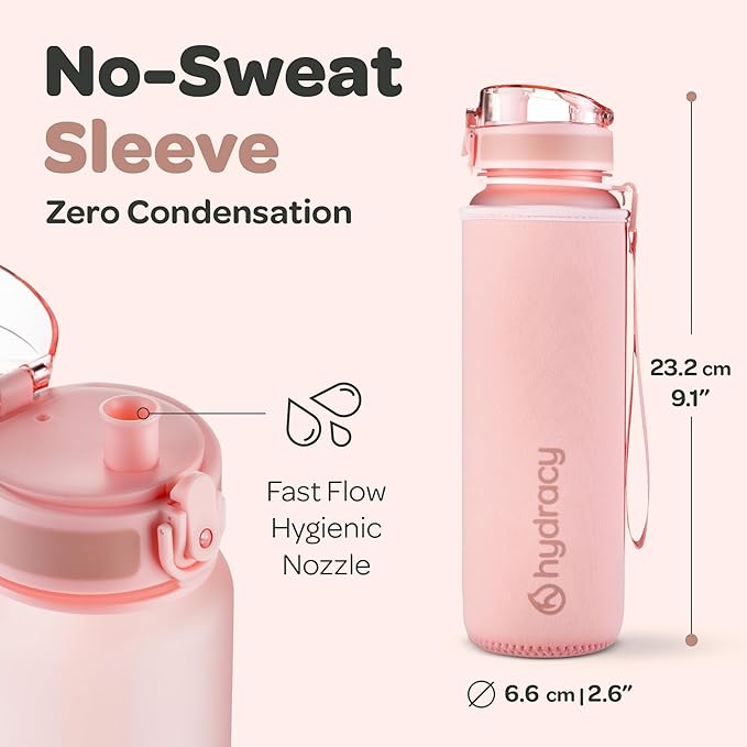 Hydracy Water Bottle with Time Marker -Large BPA Free Water Bottle & No Sweat Sleeve -Leak Proof Gym Bottle with Fruit Infuser Strainer & Times to Drink -Ideal for Fitness Sports & Outdoors