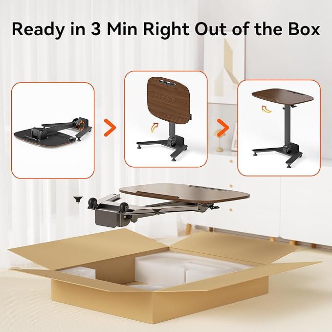 Folding Pneumatic Height Adjustable Mobile Standing Desk with 90° Tiltable Tabletop, 27.2x18.9 Inch Portable Laptop Desk with Wheels, Holds Up to 66.1lbs for Home Office, Black Walnut