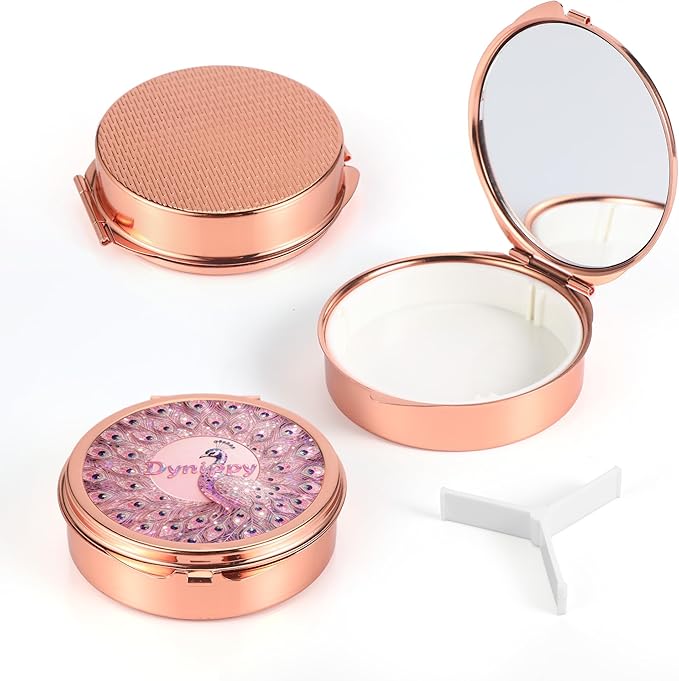 Dynippy Pill Case Pill Box with Mirror Pocket 3 Compartment Medicine Case Vitamin Pill Organizer for Pocket Purse and Travel (Round, Rose Gold-Peacock)