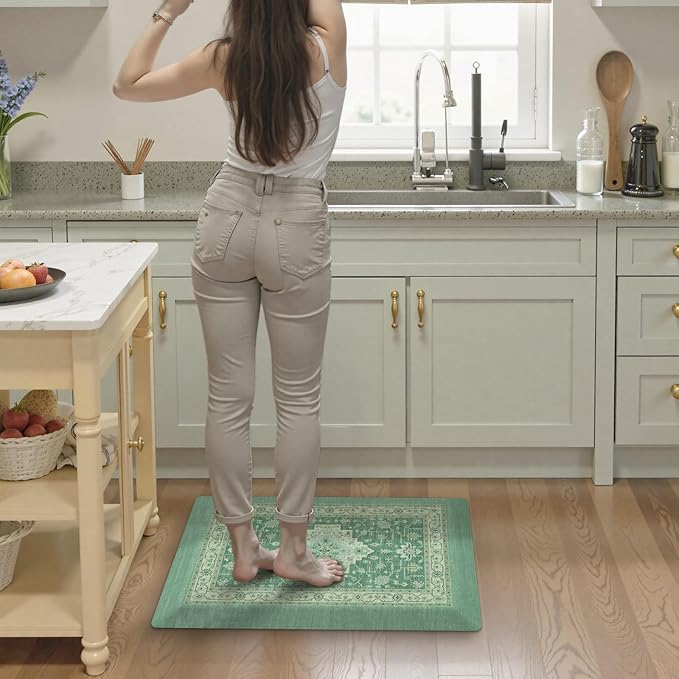 KIMODE Kitchen Mats for Floor Anti Fatigue 0.6" Thick, Cushioned Kitchen Floor Mat, Ergonomic Waterproof Standing Mat, Green Boho Vintage Kitchen Rug Non Skid for Sink Laundry Office Desk 20"x32"