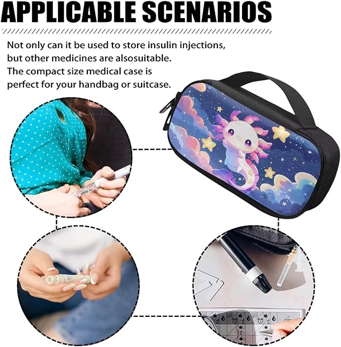 Axolotl Stars Insulin Cooler Bag Insulated Diabetic Medication Organizer Carrying Protection Case with Handle for Insulin Pen, Test Strips, Lancets, Needles