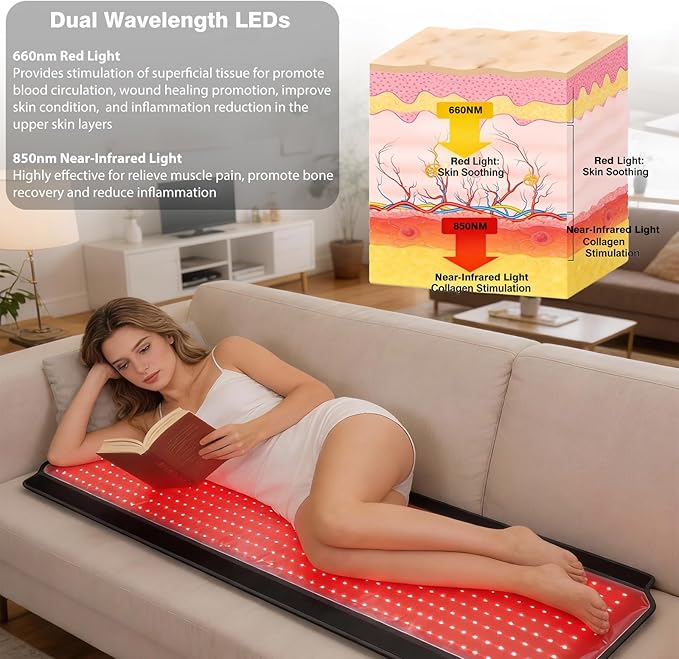 Full Body Red Light Therapy Mat, 59.1"*25.6" Whole Red Light Therapy Blanket with 3 Light Modes & 5 Working Modes, 600 LEDs redlight with 660nm & 850nm for Men, Women, Pets