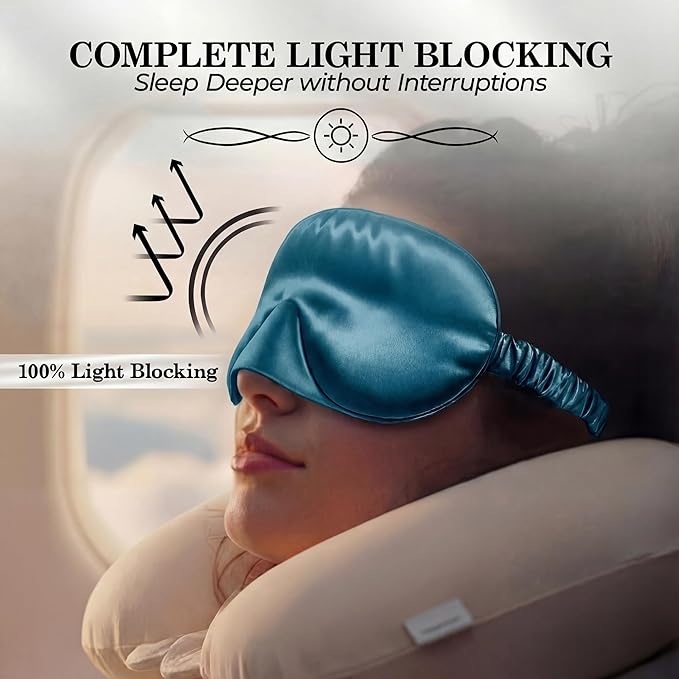 SLEEP SANCTUARY 100% Pure Mulberry Silk Sleep Mask - 22 Momme Light Blocking 3D Contour Silk Eye Mask for Sleeping - Secure Fit for Side Sleepers, Women & Men - Cloud Soft (Peacock Blue)