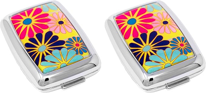 Set of 2 Dual-Compartment Rectangular Pocket Purse Pill Box & Organizer with Insert (Daisy Medley)