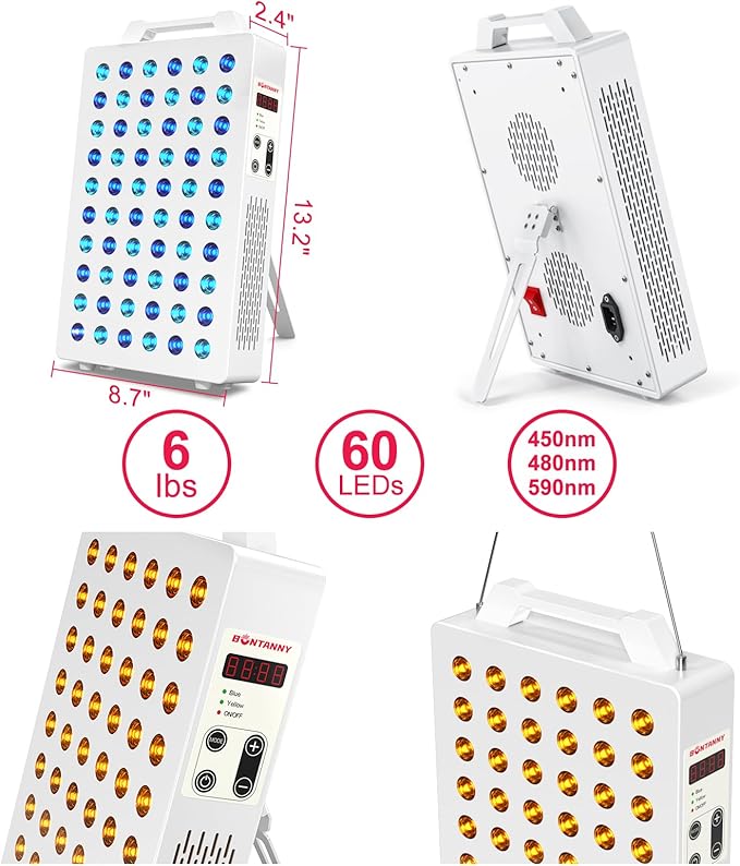 Blue/Yellow Light Therapy, 450/480/590nm 3 Wavelengths Blue Yellow Light Device with 60 Dual Chip Clinical Grade LEDs, Remote Control, Timer for Face, Body, Improve Skin, BO-300 (White)