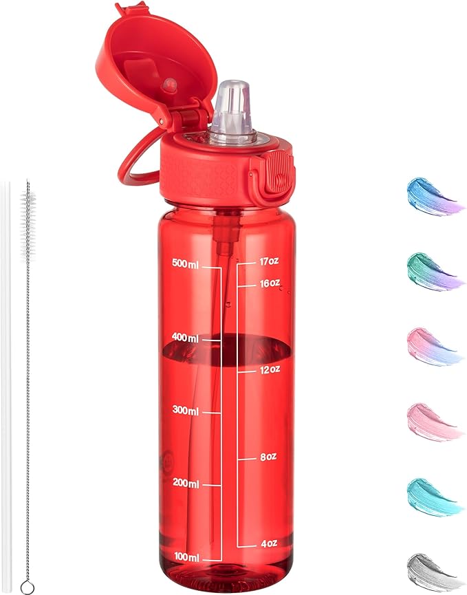 GOPPUS 17oz Kids Water Bottle for School -Straw, Leak-Proof Tritan Sports Bottle Time Marker Reusable for Girls Boys