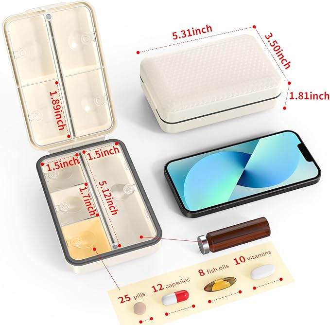 Restree Weekly Pill Organizer 8 Compartment, [Triple Seal Magnetic Lock] Travel Pill Case with Labels & Inner Lid, Moisture Proof for Vitamins, Fish Oil, Supplements, Daily Meds – 7+1 Large (White)
