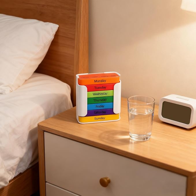 7-Day Weekly Medication Organizer - Stay on Track Medication Organizer with 7 Stackable Compartments, Four Times-a-Day (Morning, Noon, Evening, Bedtime) for Organized Pill Taking (Colorful)