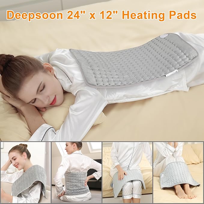 Deepsoon Heating Pad,Electric Heating Pads for Back,Neck,Abdomen,Moist Heating Pad for Shoulder,Knee,Arms,Legs,Dry/Moist Heat & Auto Shut Off,Christmas Gifts for Men and Women,Silver,24x12 Inch