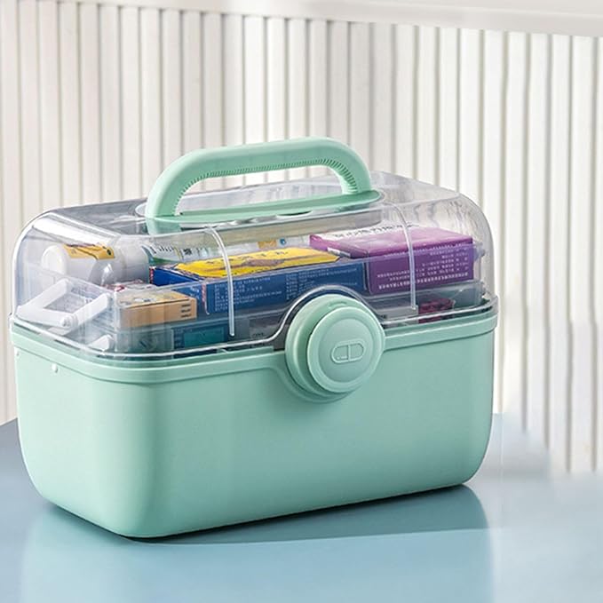 Medicine Storage Containers 3-Tier Fold Tray Plastic Medical Supply Organizer with Removable Pill Case & Handled, Empty Family First Aid Box for Medicine, Art, Family Emergency Kit [Green]
