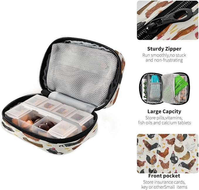 Hens Roosters Chickens Set Pill Organizer Case 7 Day Rustic Travel Pill Box with Zipper Portable Small Weekly Vitamin Medicine Supplement Holder Pouch Bag