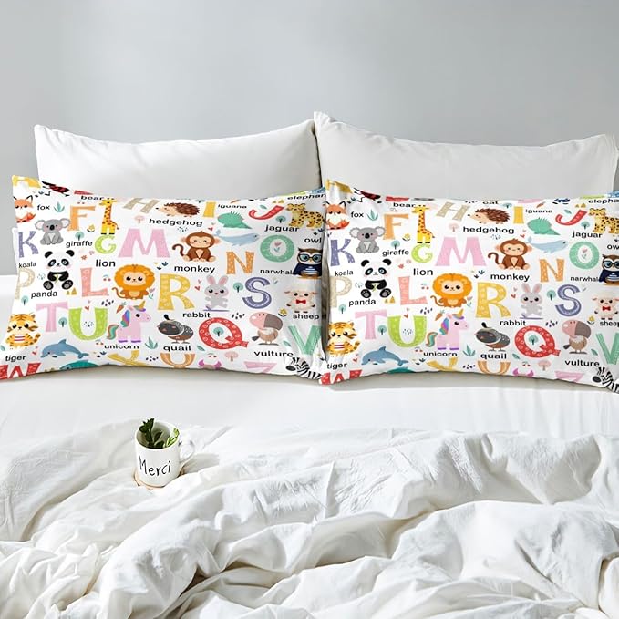 ABC Alphabet Bedding Set Queen Size for Boys Girls, Cartoon Animal Bed Sheet Set Cute Educational Learning Tool Fitted Sheet Learning Educational Bed Cover (2 Pillow Cases and a Fitted Sheet)