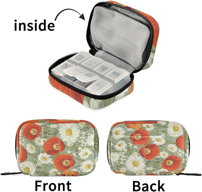 Poppy and Daisy Flowers Green Travel Pill Organizer Case Box Container Weekly Portable Vitamin Medicine Holder Storage Bag with Zipper Removable