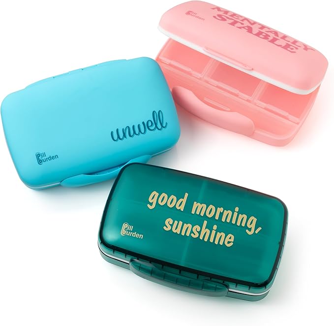 Cute Pill Organizer – Large Stylish Travel Case for Vitamins & Supplements in Green/Good Morning Sunshine