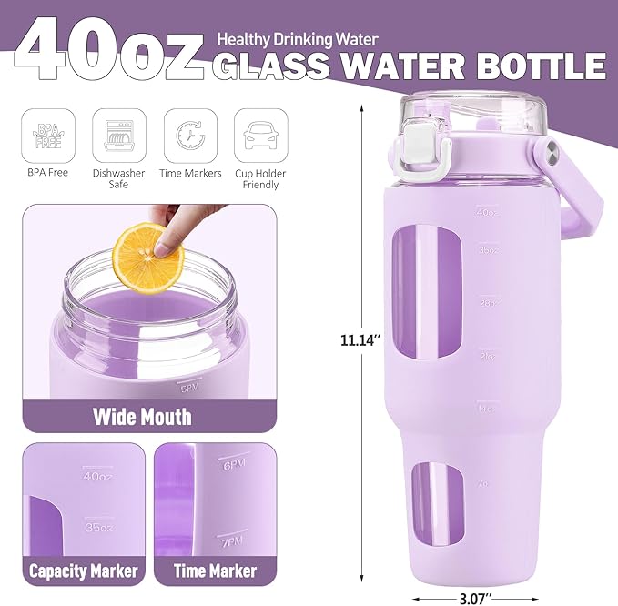 BLUEGO 40 oz Glass Water Bottle with Straw, Leakproof and Time Marker, Wide Mouth for Travel, Gym, Workout, Purple