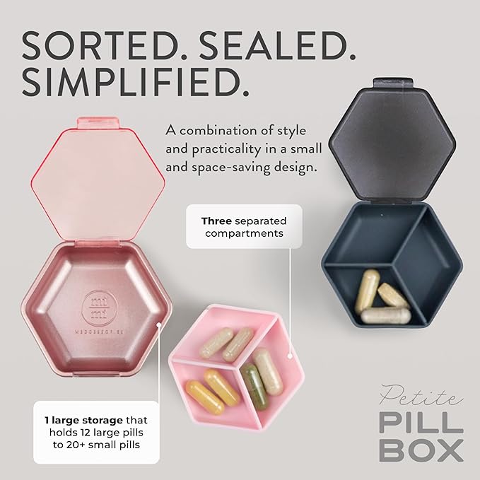 Petite Pill Box Set - Stylish, Compact Daily Pill Organizer, Medication Pill Case, Pill Container for Vitamin Management, Travel Essentials for Women/Men - Set of 2, Rose & Steele