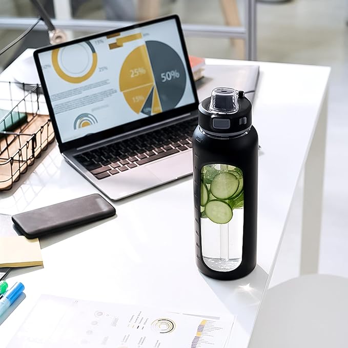 Kodrine Glass Water Bottle 32 oz-Black/Borosilicate Glass Motivational Water Bottle with Straw and 2 Lids,Silicone Sleeve,Time Marker,Dishwasher Safe and BPA Free for Travel,Sports