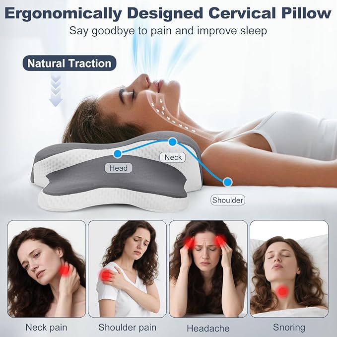 Sleep Apnea Pillow, Ergo Pillow for Sleep Apnea, Cervical Neck Pillow for Neck Pain Relief, Sleeping, and Snoring Relief, Orthopedic Therapy Memory Foam Contour Cooling Pillow for Side, Back