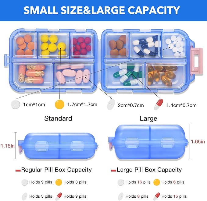 Large Travel Pill Organizer with 189 Stickers, 10 Compartments Travel Medicine Organizer Travel Pill Box Pill Case for Purse Airplane Car Nurse Vacation Essentials (Blue, 1 Pack)