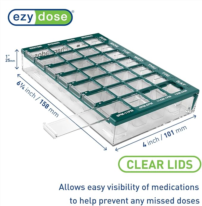 EZY DOSE Weekly AM/PM (7-Day) Daily Pharmadose Pill Planner, Medicine Case, Vitamin and Supplement Organizer, Small Easy Fill Compartments, 4 Times a Day, 28 Compartments, Green, BPA Free