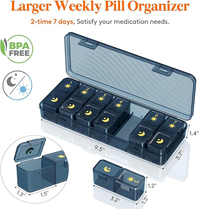 Lifewit Weekly Pill Organizer 2 Times a Day, Portable Travel 7 Day Lightproof Pill Box for Medicines/Vitamin/Fish Oils, Daily Pill Case, Blue