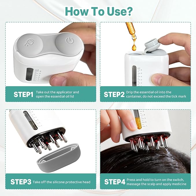 Hair Oil Applicator - 6ML Multi Function Electric Scalp IPX5 Massaging Comb Scalp Brush for Home, Travel (White)