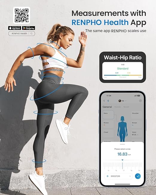 RENPHO Body Measuring Tape, Bluetooth Smart Tape Measure with Lock Hook & Retractable Function, Accurate Body Fat Measurement Device for Weight Loss, Muscle Gain, Fitness Bodybuilding, 60in /150cm
