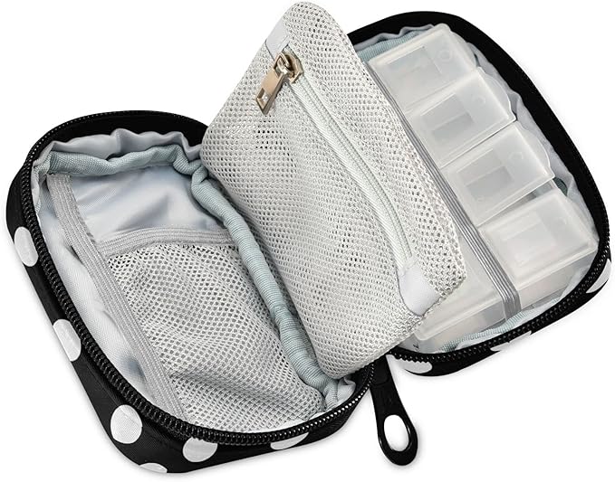 Polka Dot Black Pill Organizer Case Modern 7 Day Travel Pill Box with Zipper Portable Weekly Vitamin Medicine Supplement Holder Pouch Bag