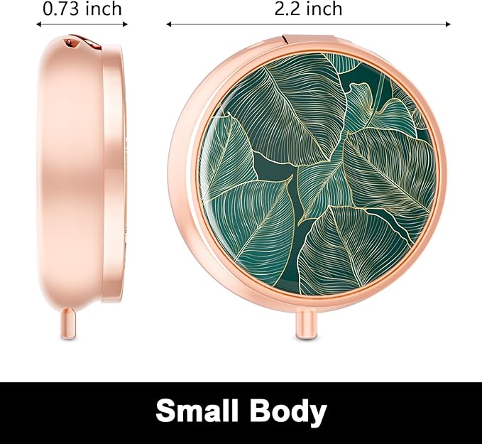 Rouidr Pill Box, 3 Compartment Medicine Pill Case, Small Metal Travel Medicine Box for Purse & Pocket, Rose Gold, Tropical Leaf