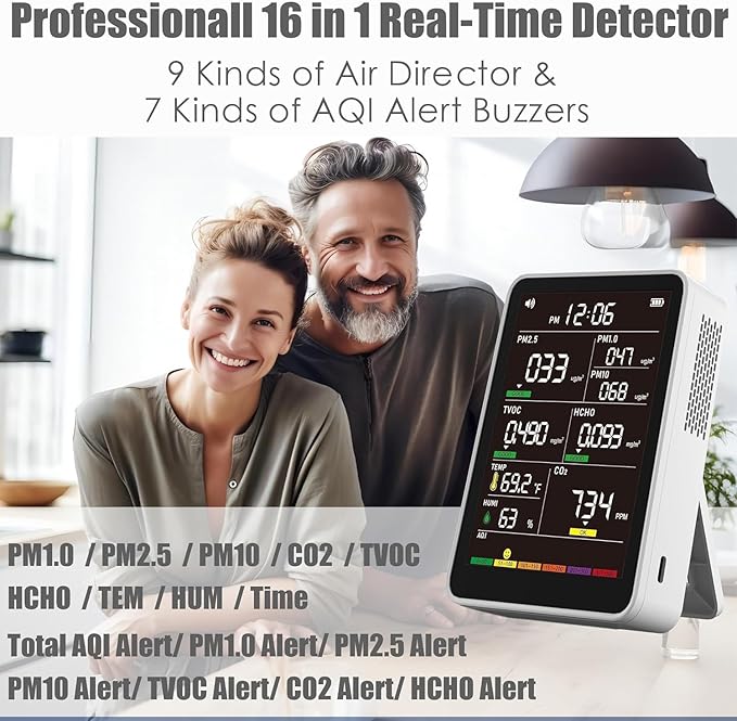 Professional Indoor Air Quality Monitor with AQI Alerts, Portable Real-Time Detector for Home, Car, Plants & Pets (Off White)