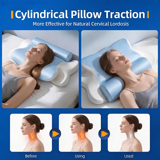 Cervical Pillow for Neck Pain & Side Sleepers Patented Ergonomic Memory Foam Pillow – Adjustable Height for Back & Side Sleeping, Anti-Snoring (Blue+White, 130-175 lbs)