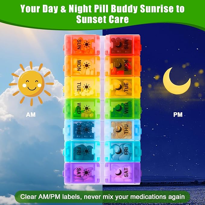Weekly Pill Organizer 2 Times a Day, Large Pill Box 7 Day with Big AM/PM Compartments for Easy Filling, Push Button Pill Container Travel Pill Case Holder Dispenser for Supplement (Rainbow)