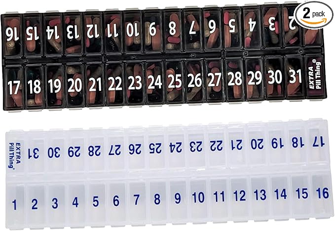 AM/PM 31 Day Once-a Day Monthly Pill Planner Organizers - Large Compartment Pill Boxes Store Medications for Entire Month Plus Compartment for Extra Pills (AM/PM Black & Clear)