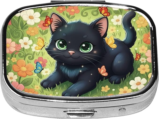 Square Pill Case Small Pill Box with Mirror Pocket 2 Compartment Vitamin Pill Medicine Case Organizer Pill Containers for Traveling Garden Cute Black Cat