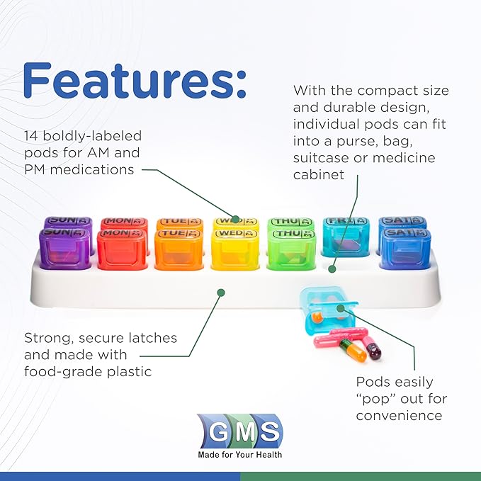 GMS Weekly Pill Organizer - 7 Day AM/PM Pop Out Pill Pods for Supplements, Vitamins & Medications - Ideal for Daily Use & Travel - Rainbow