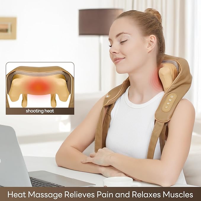 Neck Massager for Pain Relief Deep Tissue with Heat -Cordless Shiatsu 6D Kneading Massage for Neck,Shoulder,Christmas Gifts for Women/Men/Mom/Dad（PU-Yellow Brown）