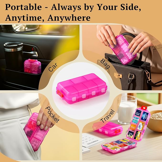Travel Pill Organizer with Bulk Stickers & Labels - Small & Portable Daily Medicine Pharmacy for Pocket, Bag - 14-Compartment Foldable Supplement Box Holder for Fish Oil Vitamin - Clear Pink