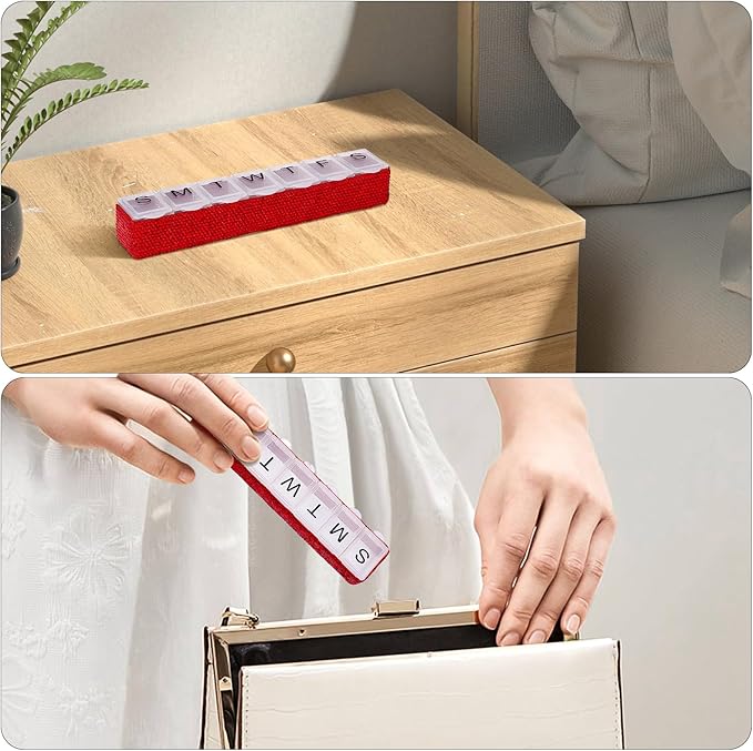 Soleebee Portable Weekly 7 Day Pill Organizer, Bling Crystal Pill Box Case, Travel Pill Planner, Pill Dispenser, Medicine Vitamin Container Organizer (Red)