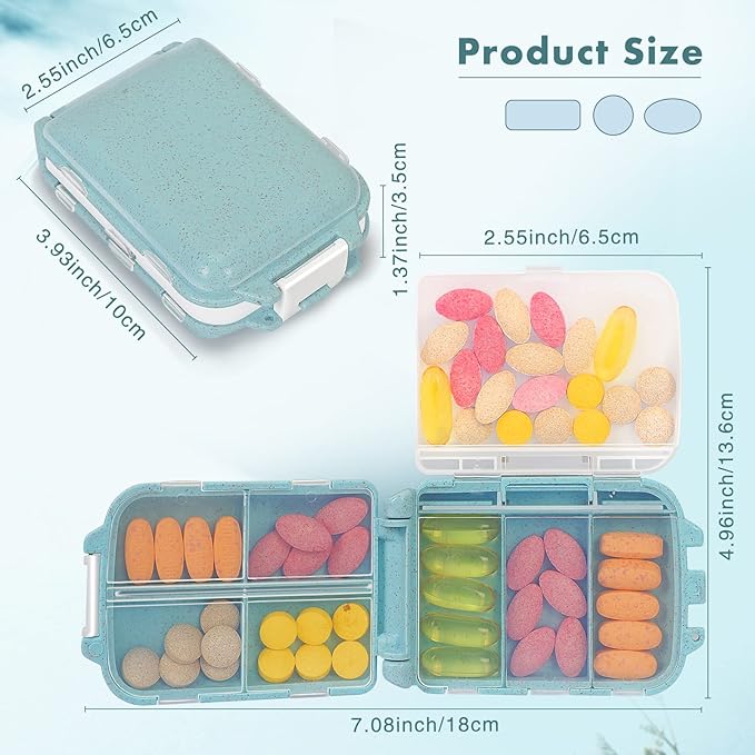 2pcs Portable Pill Case Travel Pill Organizer, Three Folding Design Daily Pill Organizer, Pill Box for Purse Pocket to Hold Vitamins,Cod Liver Oil,Supplements and Medication, Light Blue